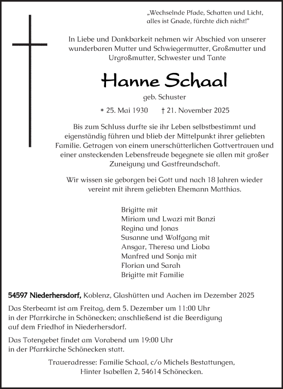 Traueranzeige von Hanne Schaal von trierischer_volksfreund