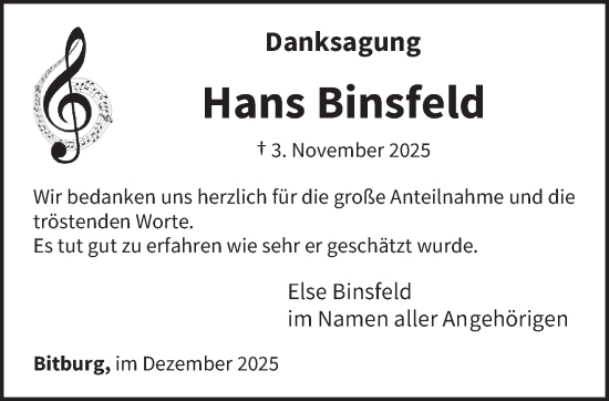 Traueranzeige von Hans Binsfeld von trierischer_volksfreund