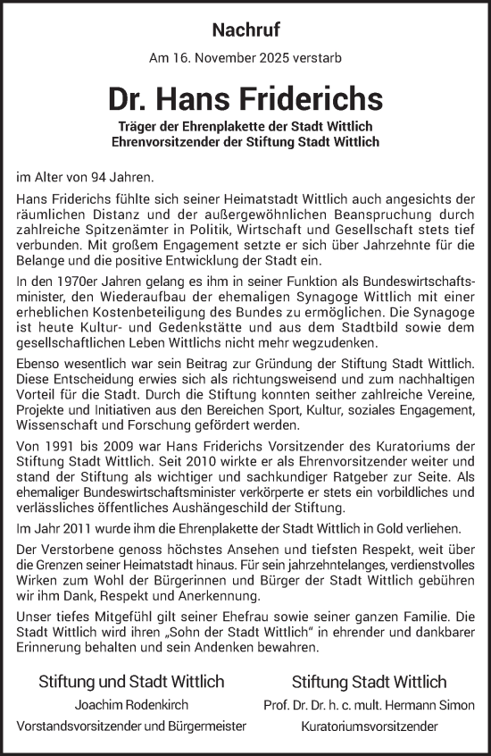 Traueranzeige von Hans Friderichs von trierischer_volksfreund