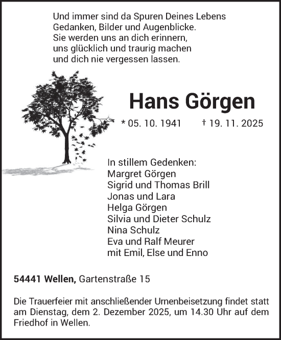 Traueranzeige von Hans Görgen von trierischer_volksfreund
