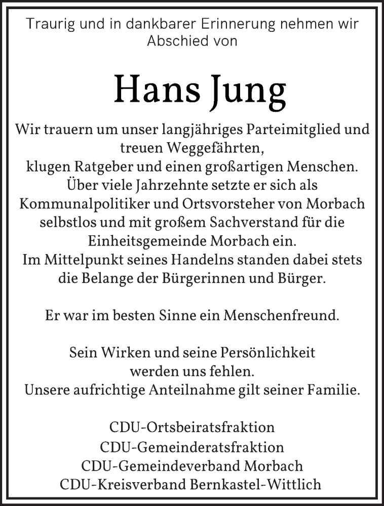 Traueranzeige für Hans Jung vom 06.12.2025 aus trierischer_volksfreund