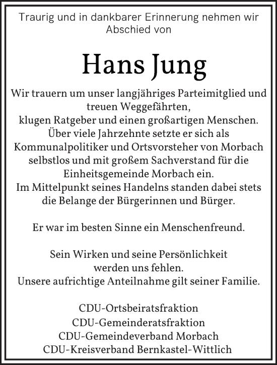 Traueranzeige von Hans Jung von trierischer_volksfreund