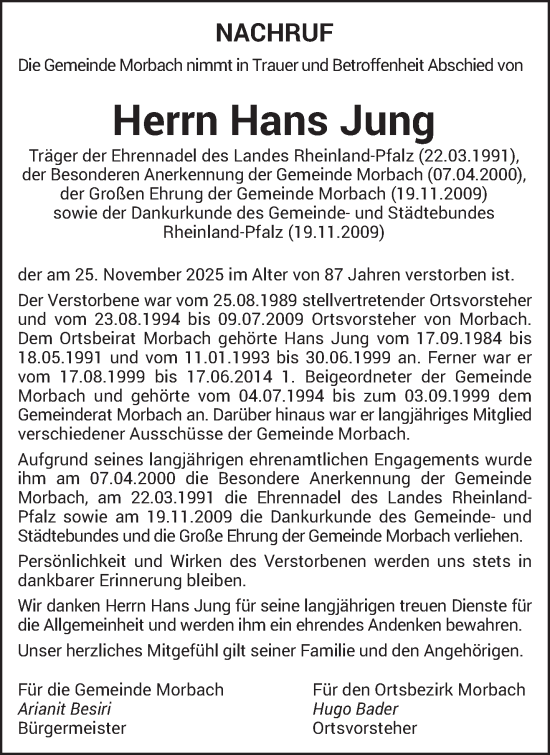 Traueranzeige von Hans Jung von trierischer_volksfreund