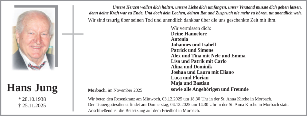  Traueranzeige für Hans Jung vom 29.11.2025 aus trierischer_volksfreund