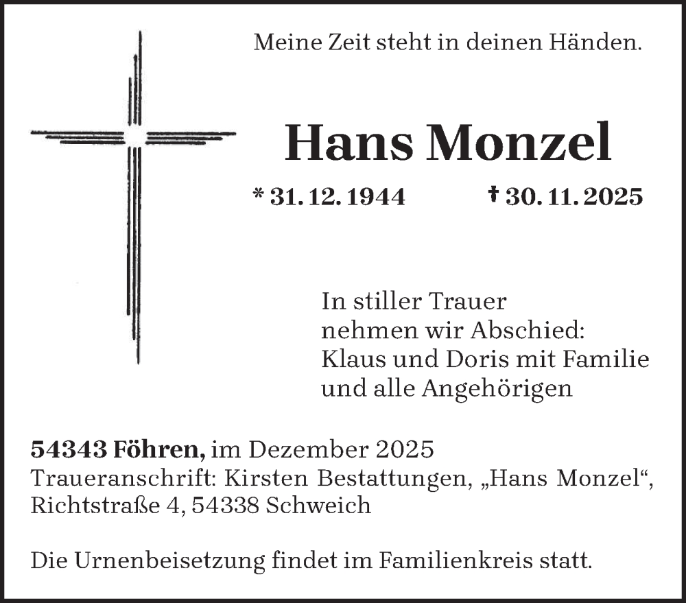  Traueranzeige für Hans Monzel vom 13.12.2025 aus trierischer_volksfreund