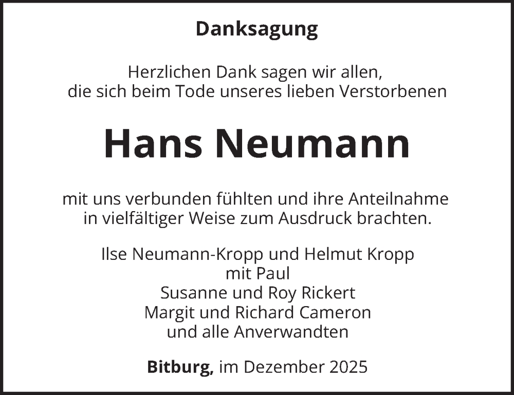  Traueranzeige für Hans Neumann vom 20.12.2025 aus trierischer_volksfreund