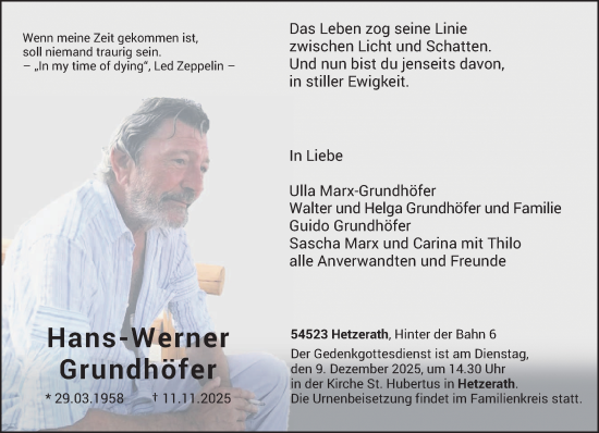 Traueranzeige von Hans-Werner Grundhöfer von trierischer_volksfreund