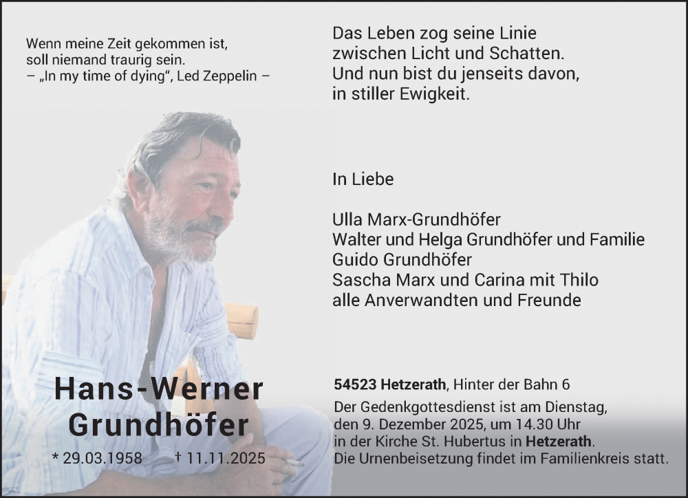  Traueranzeige für Hans-Werner Grundhöfer vom 29.11.2025 aus trierischer_volksfreund