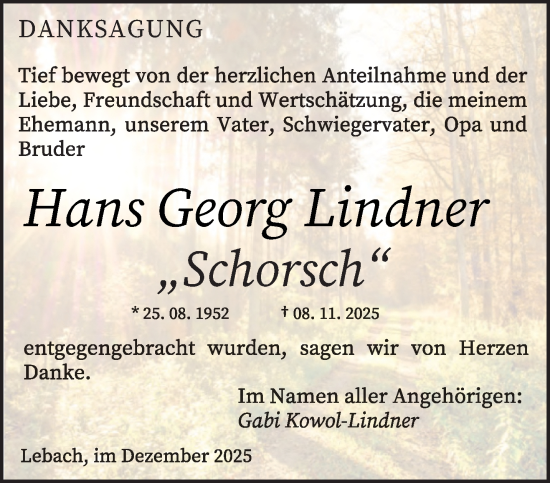 Traueranzeige von Hans Georg Lindner von trierischer_volksfreund