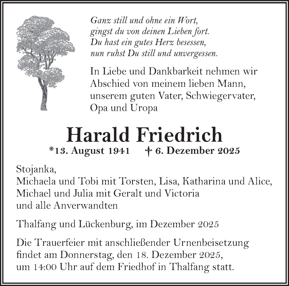  Traueranzeige für Harald Friedrich vom 13.12.2025 aus trierischer_volksfreund