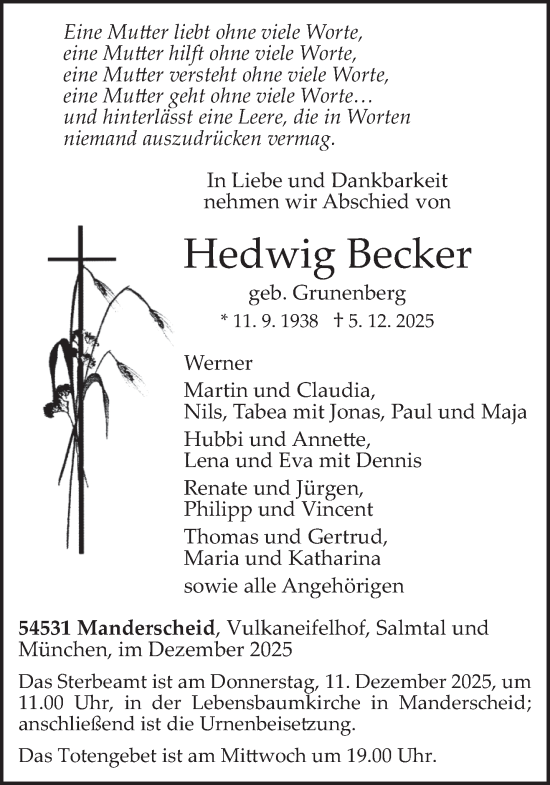 Traueranzeige von Hedwig Becker von trierischer_volksfreund
