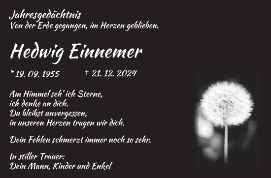 Traueranzeige von Hedwig Einnemer von trierischer_volksfreund