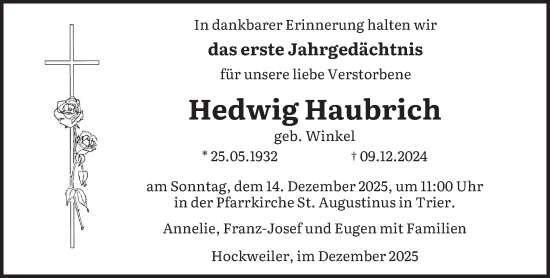 Traueranzeige von Hedwig Haubrich von trierischer_volksfreund