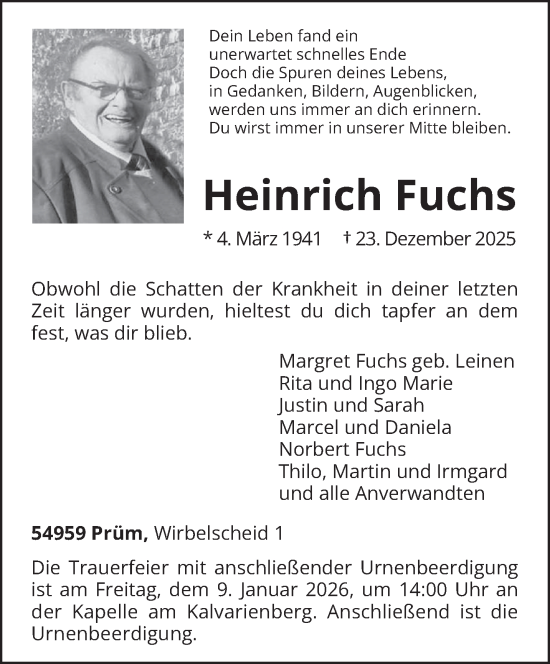 Traueranzeige von Heinrich Fuchs von trierischer_volksfreund