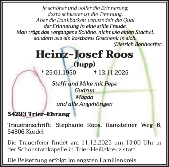 Traueranzeige von Heinz-Josef Roos von trierischer_volksfreund