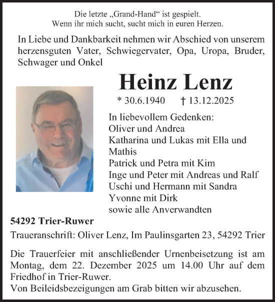 Traueranzeige von Heinz Lenz von trierischer_volksfreund