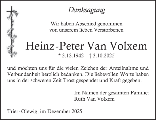 Traueranzeige von Heinz-Peter Van Volxem von trierischer_volksfreund