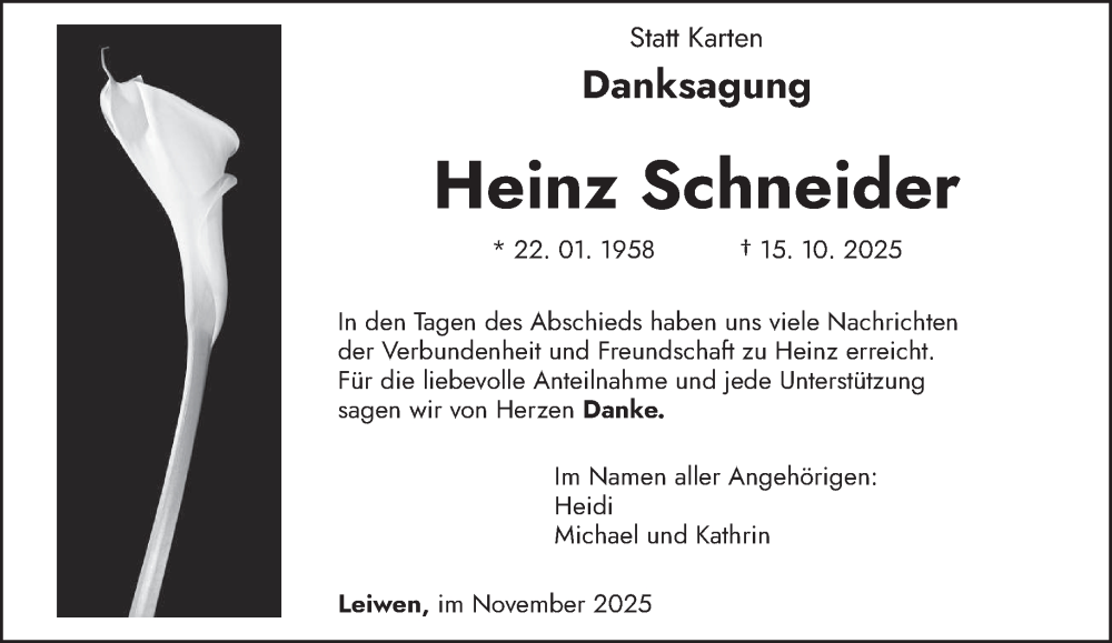  Traueranzeige für Heinz Schneider vom 29.11.2025 aus trierischer_volksfreund