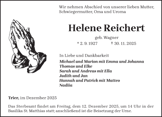 Traueranzeige von Helene Reichert von trierischer_volksfreund
