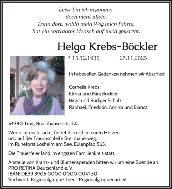 Traueranzeige von Helga Krebs-Böckler von trierischer_volksfreund