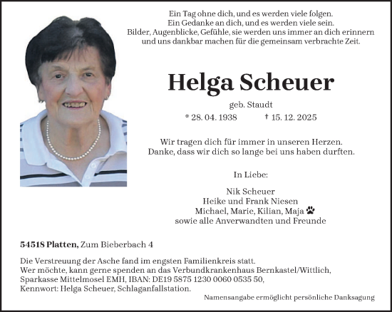 Traueranzeige von Helga Scheuer von trierischer_volksfreund