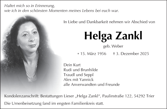 Traueranzeige von Helga Zankl von trierischer_volksfreund