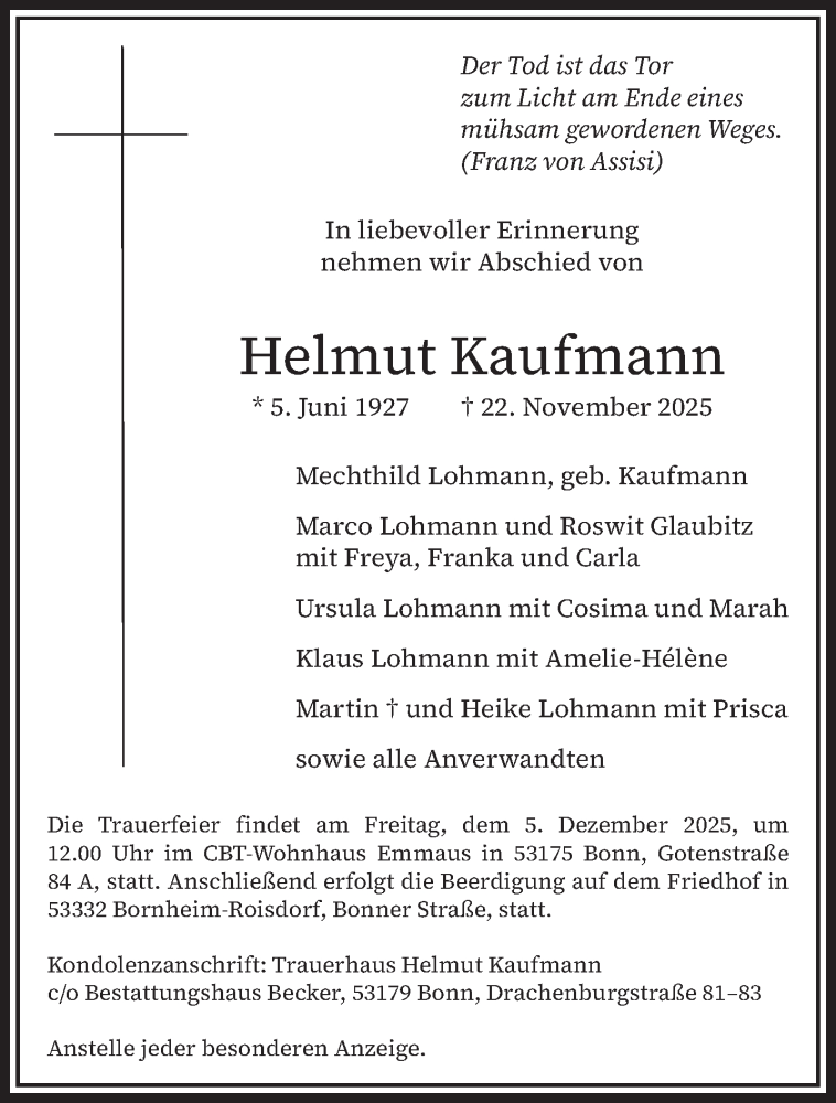  Traueranzeige für Helmut Kaufmann vom 29.11.2025 aus trierischer_volksfreund
