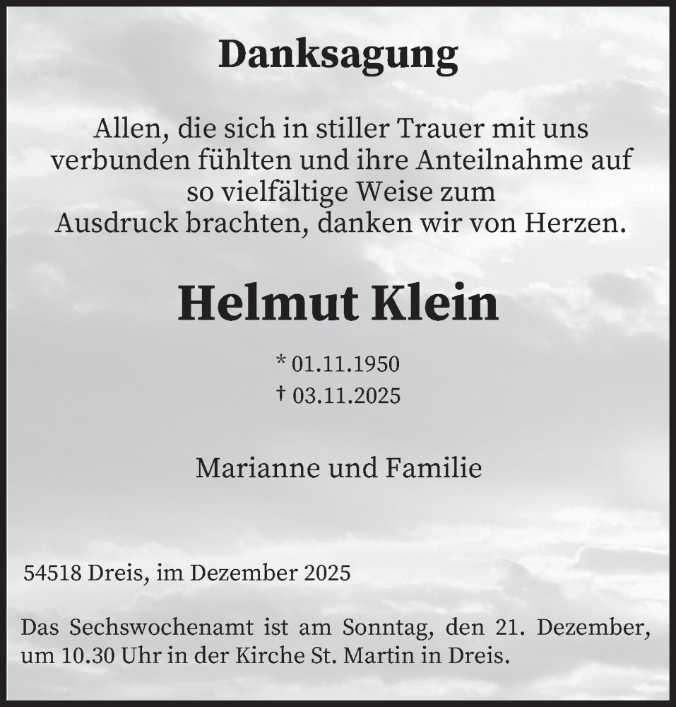  Traueranzeige für Helmut Klein vom 18.12.2025 aus trierischer_volksfreund