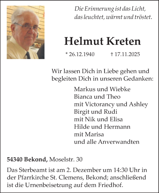 Traueranzeige von Helmut Kreten von trierischer_volksfreund