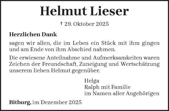 Traueranzeige von Helmut Lieser von trierischer_volksfreund