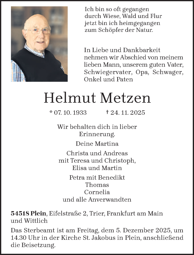  Traueranzeige für Helmut Metzen vom 29.11.2025 aus trierischer_volksfreund