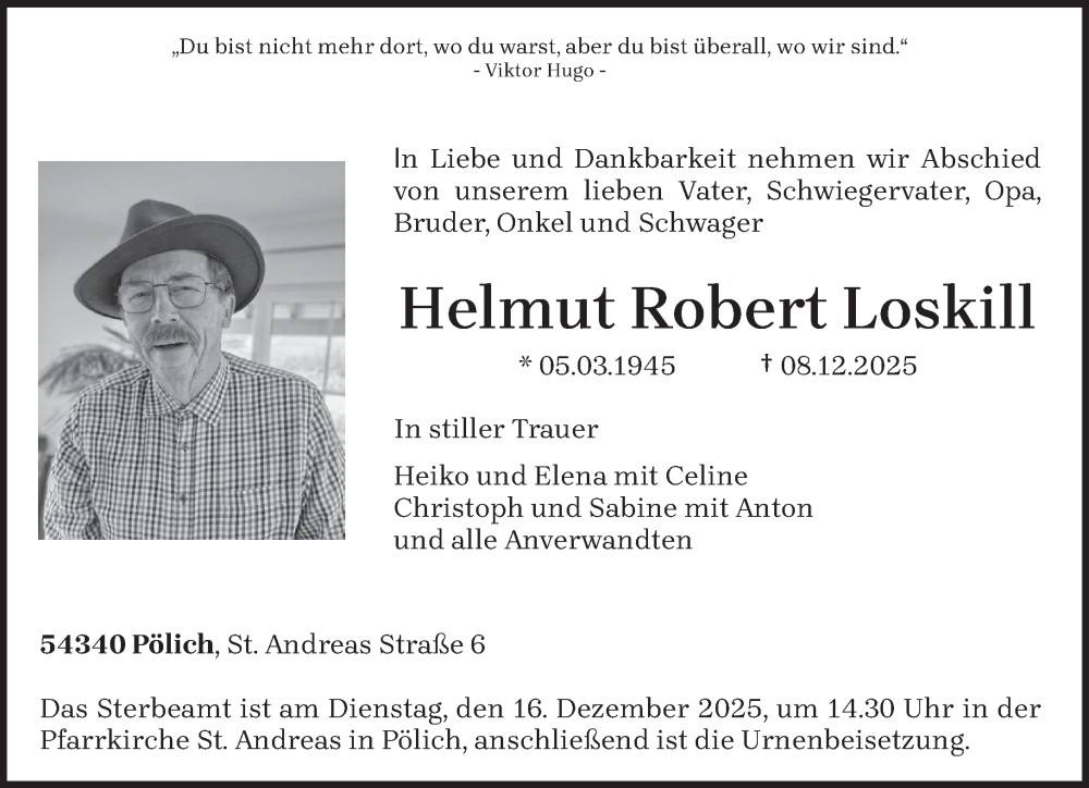  Traueranzeige für Helmut Robert Loskill vom 13.12.2025 aus trierischer_volksfreund