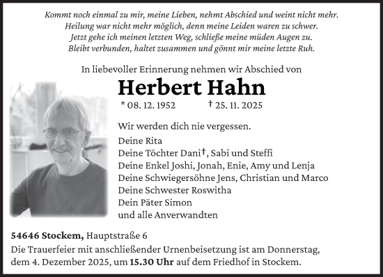 Traueranzeige von Herbert Hahn von trierischer_volksfreund