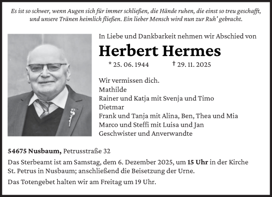 Traueranzeige von Herbert Hermes von trierischer_volksfreund