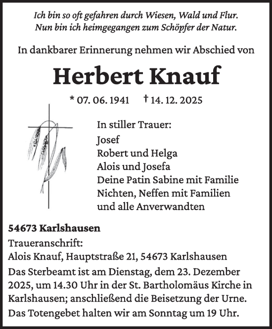 Traueranzeige von Herbert Knauf von trierischer_volksfreund