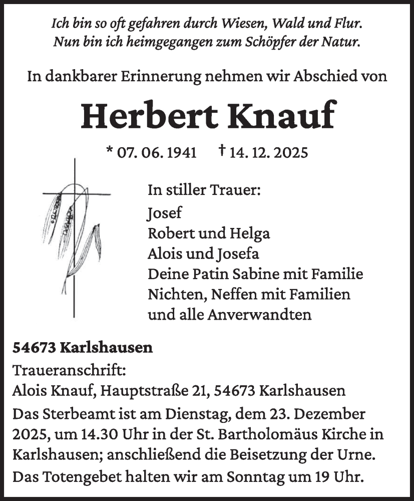  Traueranzeige für Herbert Knauf vom 20.12.2025 aus trierischer_volksfreund