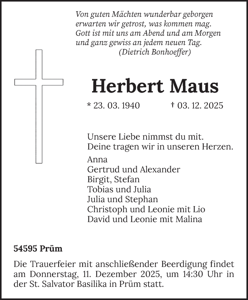  Traueranzeige für Herbert Maus vom 06.12.2025 aus trierischer_volksfreund