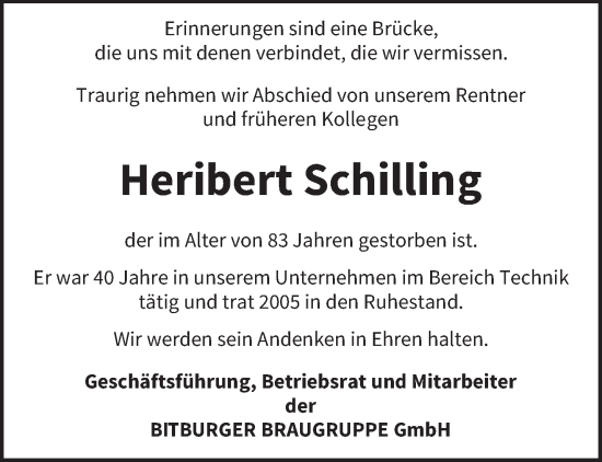 Traueranzeige von Heribert Schilling von trierischer_volksfreund