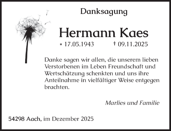 Traueranzeige von Hermann Kaes von trierischer_volksfreund
