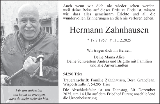 Traueranzeige von Hermann Zahnhausen von trierischer_volksfreund