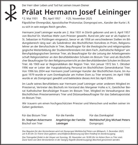 Traueranzeige von Hermann Josef Leininger von trierischer_volksfreund