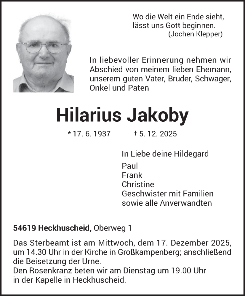  Traueranzeige für Hilarius Jakoby vom 12.12.2025 aus trierischer_volksfreund