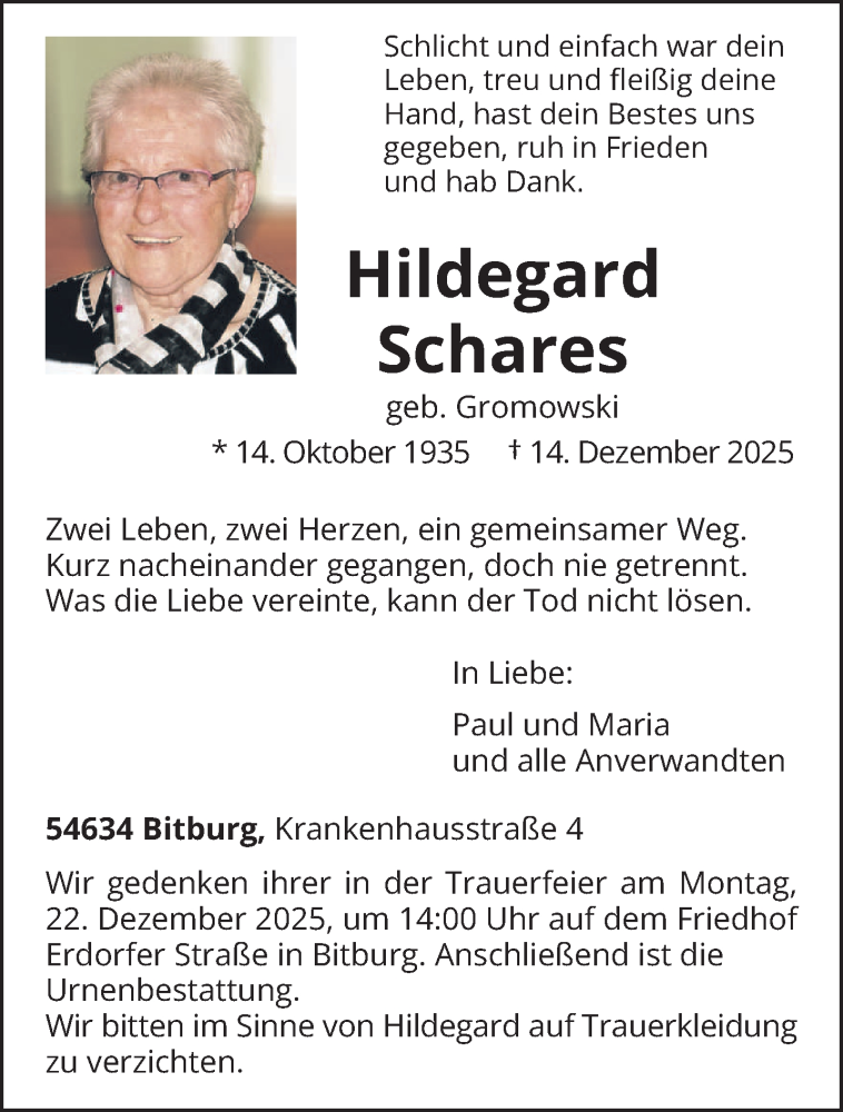  Traueranzeige für Hildegard Schares vom 17.12.2025 aus trierischer_volksfreund
