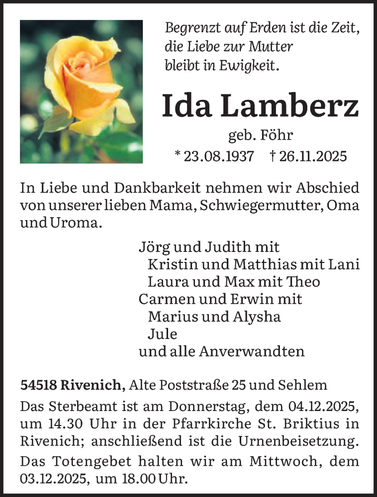  Traueranzeige für Ida Lamberz vom 29.11.2025 aus trierischer_volksfreund