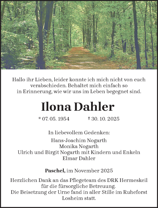 Traueranzeige von Ilona Dahler von trierischer_volksfreund
