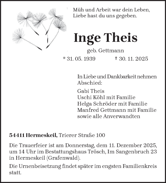 Traueranzeige von Inge Theis von trierischer_volksfreund