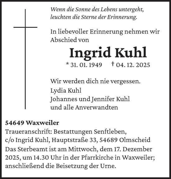 Traueranzeige von Ingrid Kuhl von trierischer_volksfreund