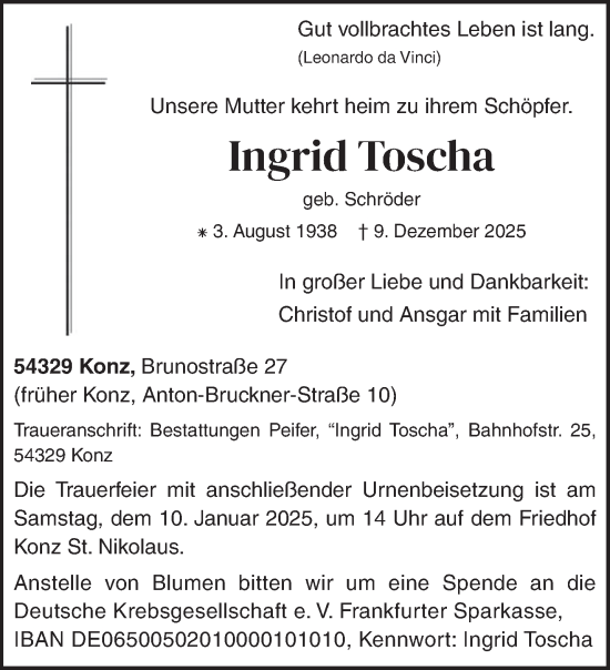 Traueranzeige von Ingrid Toscha von trierischer_volksfreund