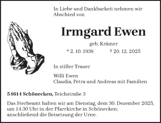 Traueranzeige von Irmgard Ewen von trierischer_volksfreund