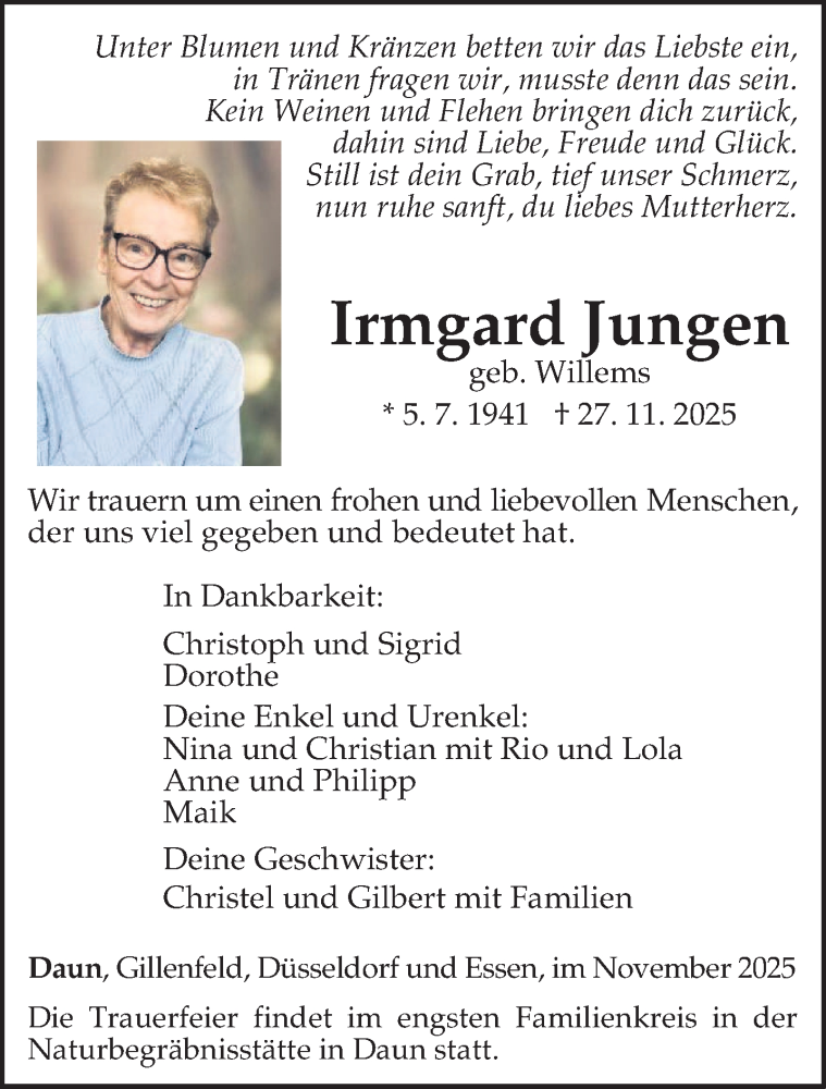  Traueranzeige für Irmgard Jungen vom 29.11.2025 aus trierischer_volksfreund